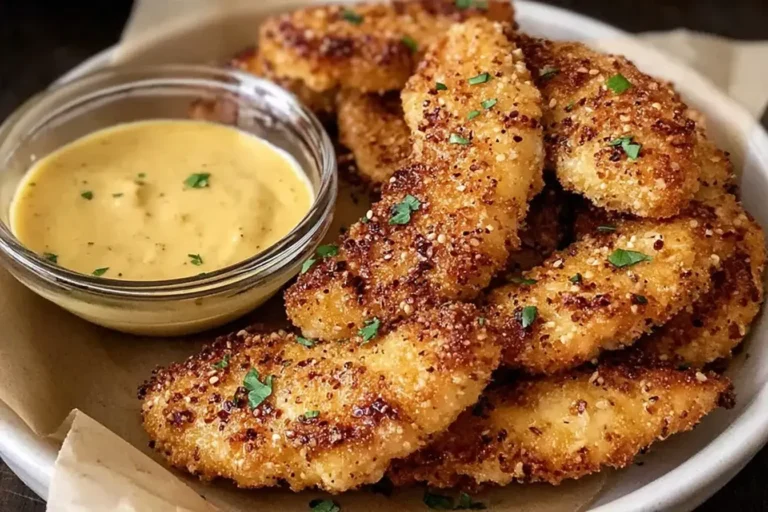 Crispy Mustard Chicken Tenders served with honey mustard dipping sauce on a plate.