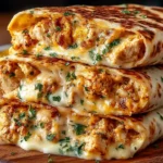 Ooey-Gooey Cheesy Garlic Chicken Wraps stacked on a wooden board, filled with melted cheese and juicy chicken