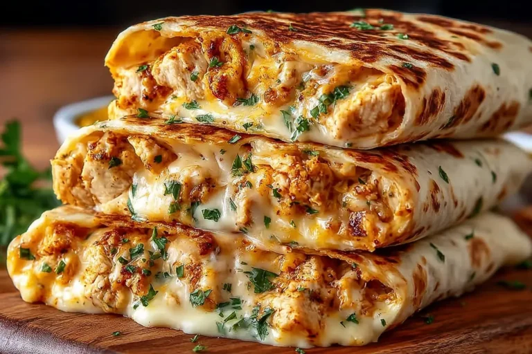 Ooey-Gooey Cheesy Garlic Chicken Wraps stacked on a wooden board, filled with melted cheese and juicy chicken