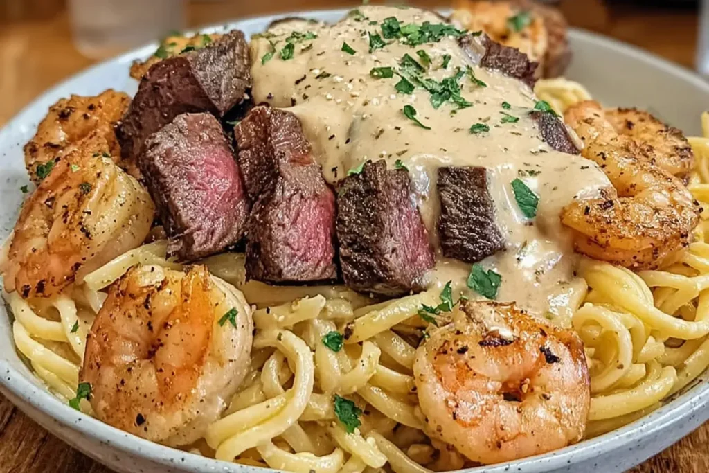 Cajun Shrimp and Steak Alfredo Pasta with creamy sauce, grilled shrimp, and sliced steak over fettuccine noodles, garnished with parsley.