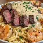 Cajun Shrimp and Steak Alfredo Pasta with creamy sauce, grilled shrimp, and sliced steak over fettuccine noodles, garnished with parsley.