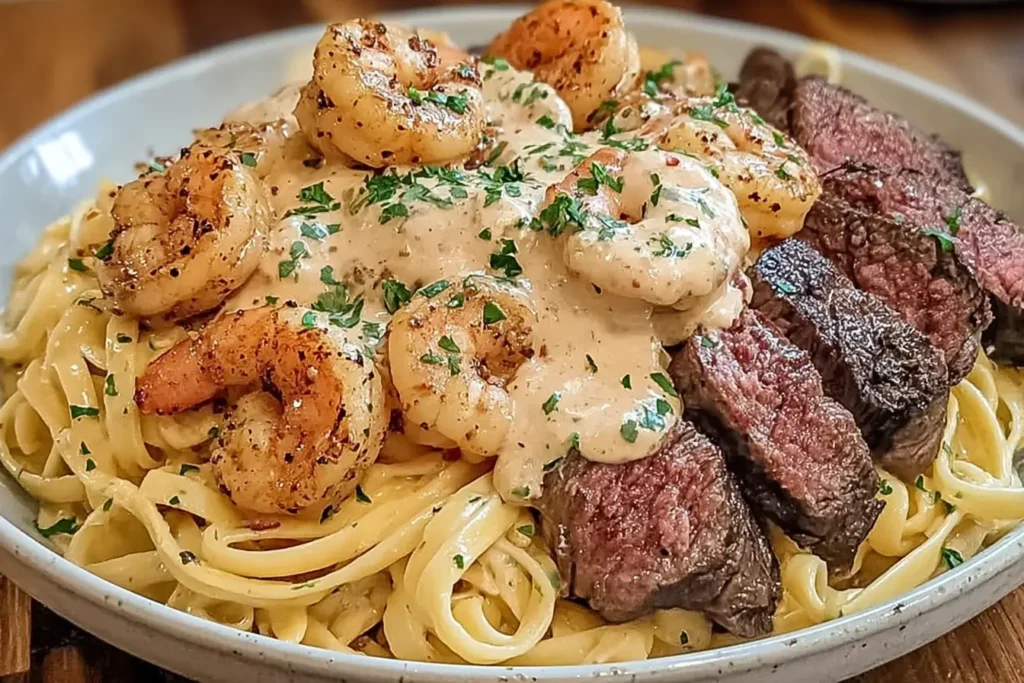 Cajun Shrimp and Steak Alfredo Pasta featuring grilled shrimp, juicy steak slices, and creamy Alfredo sauce over fettuccine, garnished with parsley.