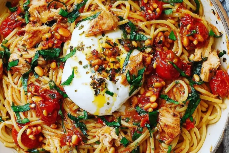 Close-up of Chicken Spaghetti with Burrata and Lemon Butter Garlic Sauce featuring chicken, tomatoes, burrata, and fresh herbs