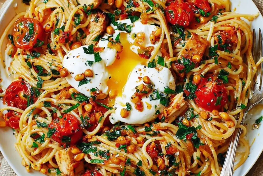 Chicken Spaghetti with Burrata and Lemon Butter Garlic Sauce served with tomatoes, herbs, and pine nuts on a white plate