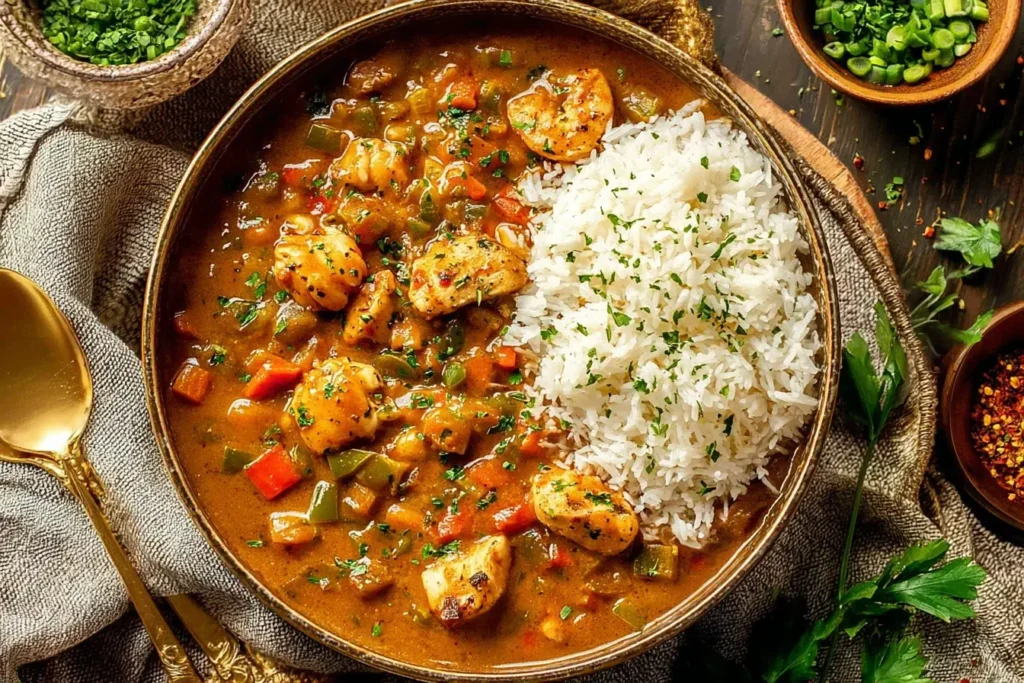 Bowl of Chicken Étouffée served with white rice and garnished with herbs and peppers.