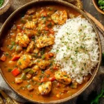 Bowl of Chicken Étouffée served with white rice and garnished with herbs and peppers.