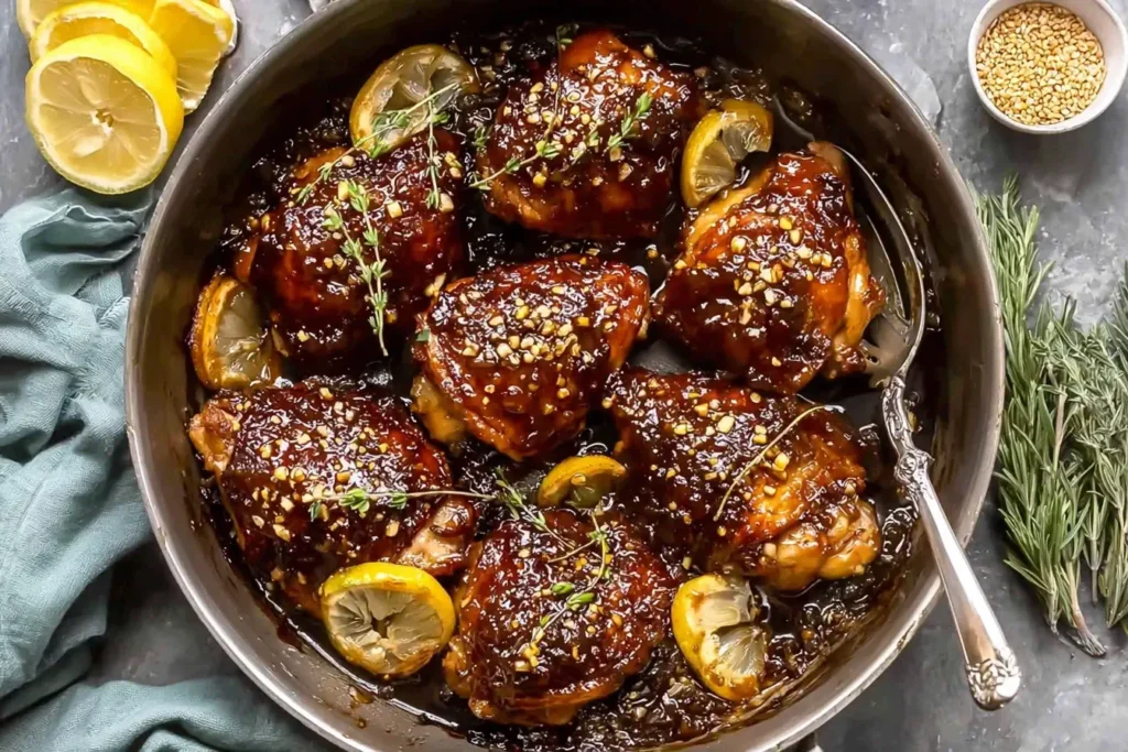 Skillet of balsamic fig glazed chicken thighs with lemon slices, herbs, and sesame seeds.