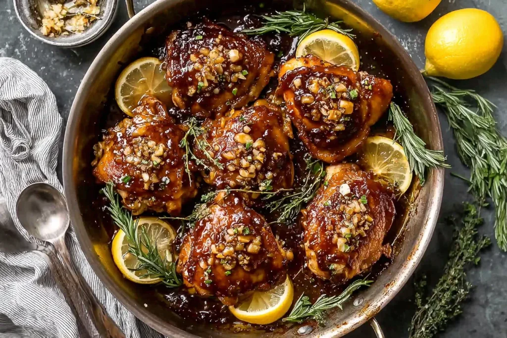 Skillet of balsamic fig glazed chicken thighs with lemon slices, garlic, and fresh rosemary sprigs.