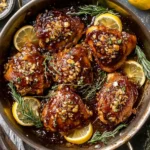 Skillet of balsamic fig glazed chicken thighs with lemon slices, garlic, and fresh rosemary sprigs.