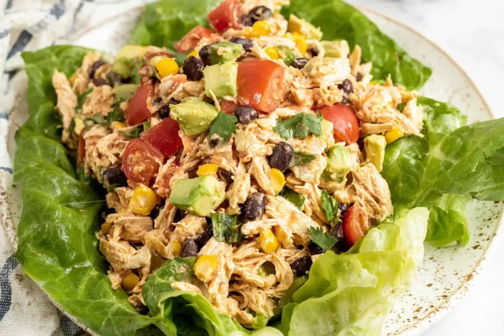 Southwest Chicken Salad served on crisp lettuce leaves with avocado, black beans, corn, and cherry tomatoes.