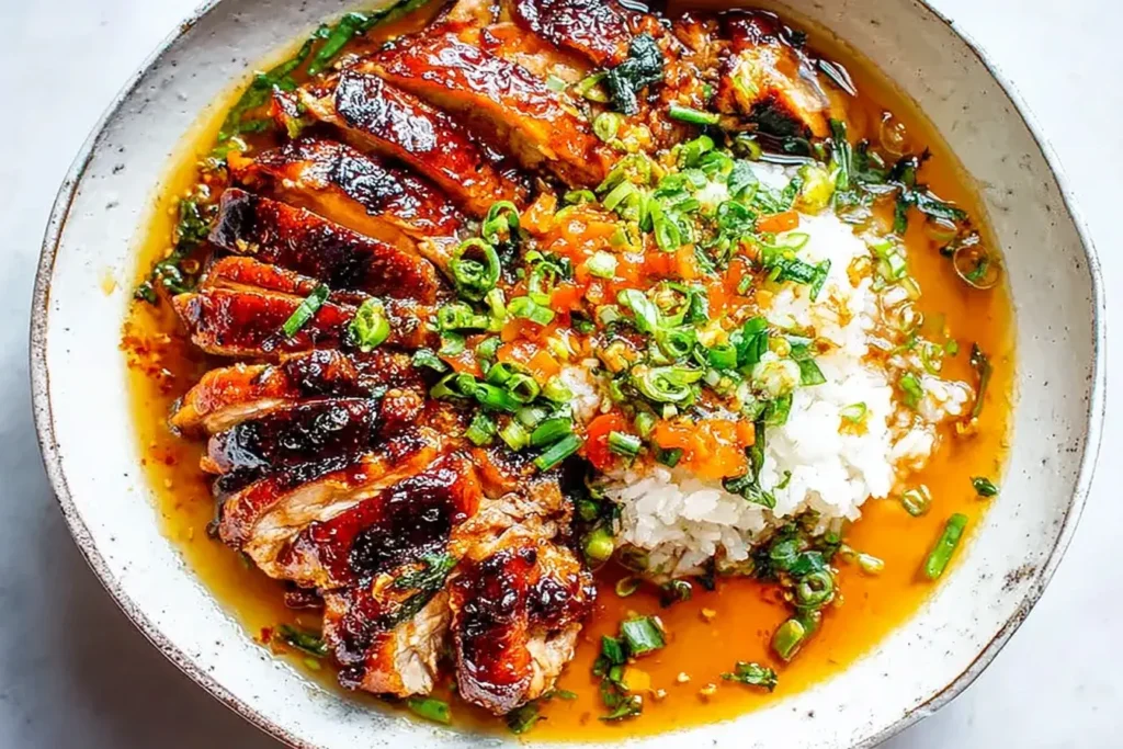 Caramelised Soy Chicken in Garlic Ginger Broth with Rice, sliced and served with colorful vegetables and green onions over white rice in a bowl