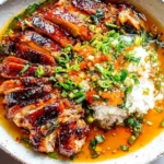 Caramelised Soy Chicken in Garlic Ginger Broth with Rice, sliced and served with colorful vegetables and green onions over white rice in a bowl