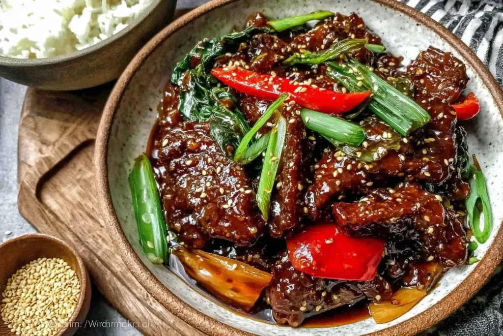 Mongolian Beef served with rice, garnished with sesame seeds, red peppers, and green onions in a ceramic bowl.