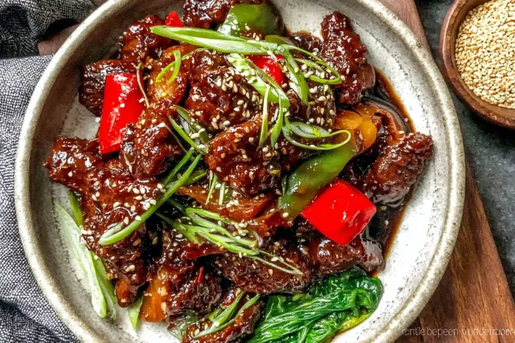 Mongolian Beef topped with sesame seeds, green onions, and bell peppers served in a ceramic bowl.