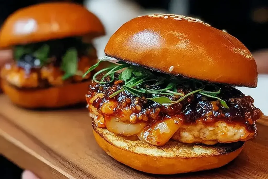 Close-up of Gochujang Chicken Burgers with Kimchi Jam on toasted buns, topped with fresh herbs and spicy jam