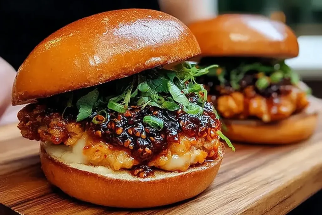 Gochujang Chicken Burgers with Kimchi Jam topped with fresh herbs on toasted brioche buns.