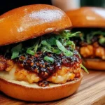 Gochujang Chicken Burgers with Kimchi Jam topped with fresh herbs on toasted brioche buns.