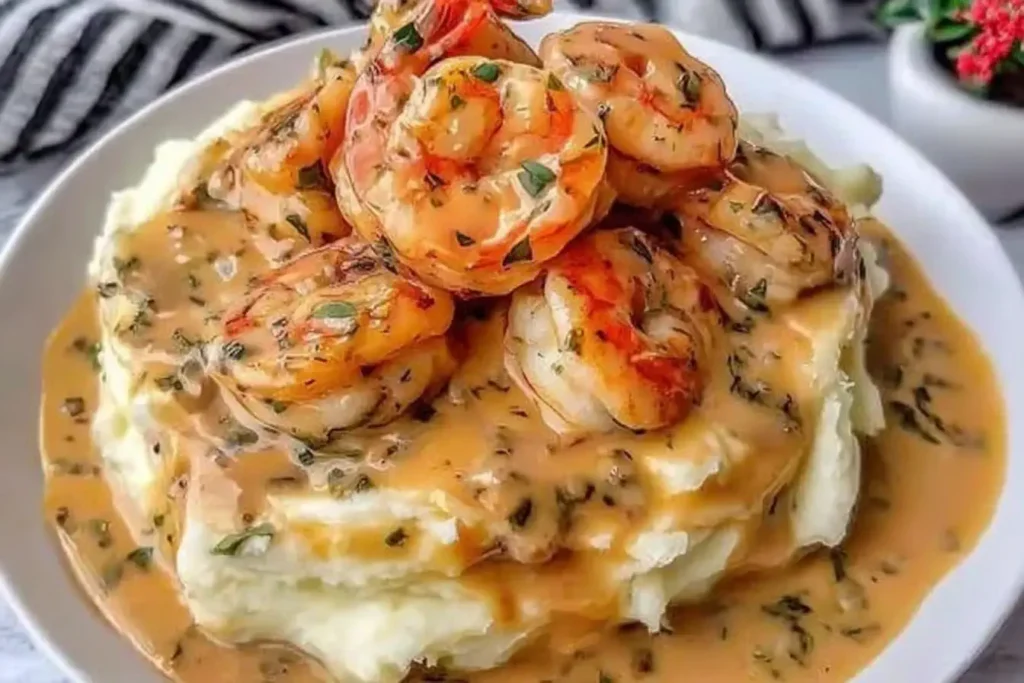 Creamy Garlic Shrimp Over Mashed Potatoes topped with rich herb-infused sauce and juicy shrimp in a white serving bowl.