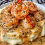 Creamy Garlic Shrimp Over Mashed Potatoes topped with rich herb-infused sauce and juicy shrimp in a white serving bowl.