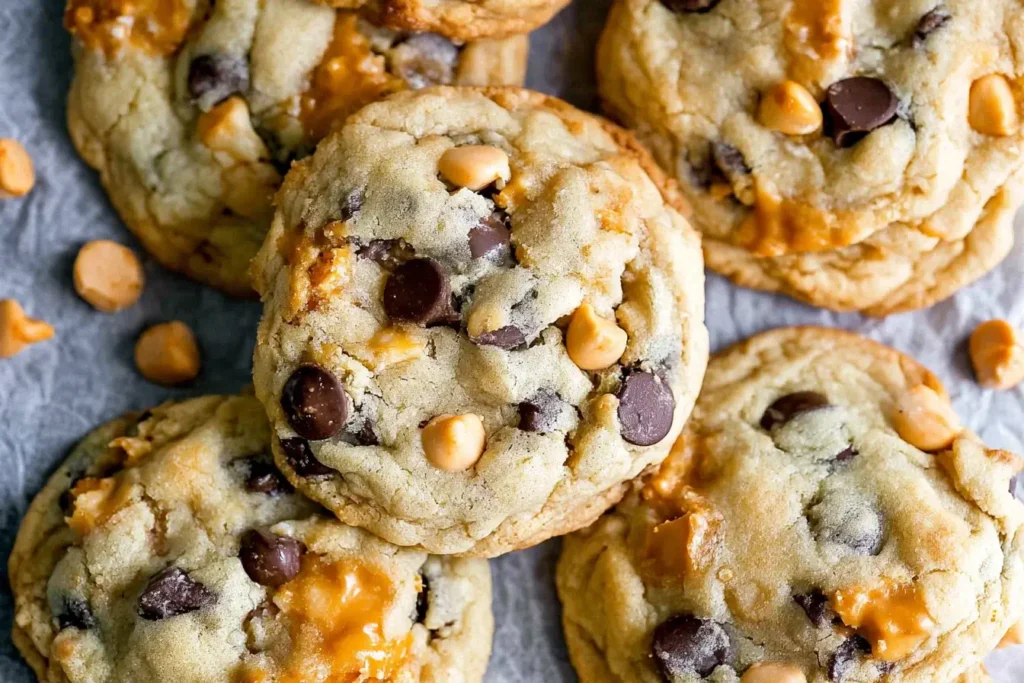 Butterscotch Chocolate Chip Cookies with sea salt, featuring golden butterscotch and chocolate chips in chewy, homemade cookies