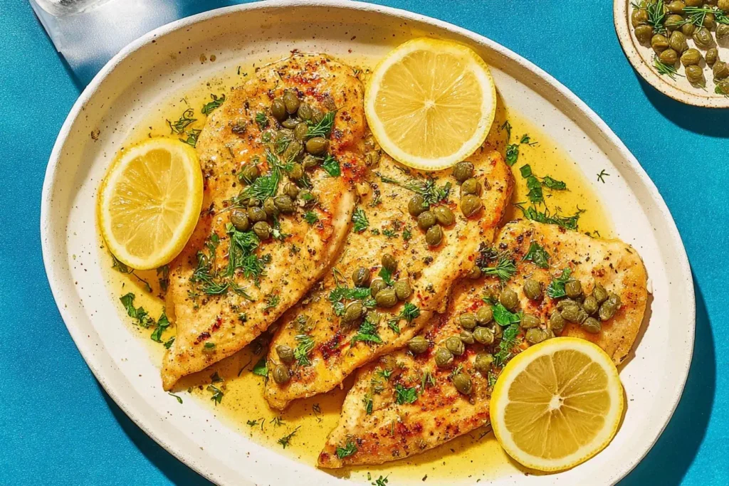 Mediterranean Style Chicken Piccata served on a white platter with lemon slices, capers, and fresh herbs in a golden sauce.