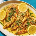 Mediterranean Style Chicken Piccata served on a white platter with lemon slices, capers, and fresh herbs in a golden sauce.