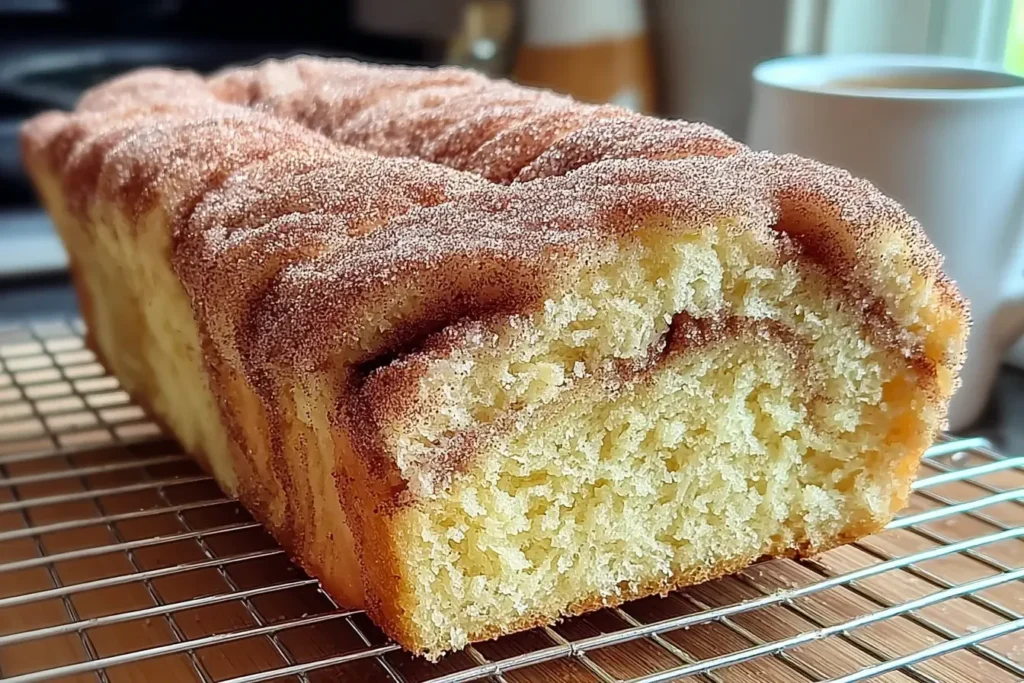 Cinnamon Donut Bread loaf cooling on a wire rack, showing a fluffy interior and cinnamon-sugar topping.