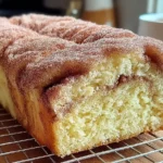 Cinnamon Donut Bread loaf cooling on a wire rack, showing a fluffy interior and cinnamon-sugar topping.