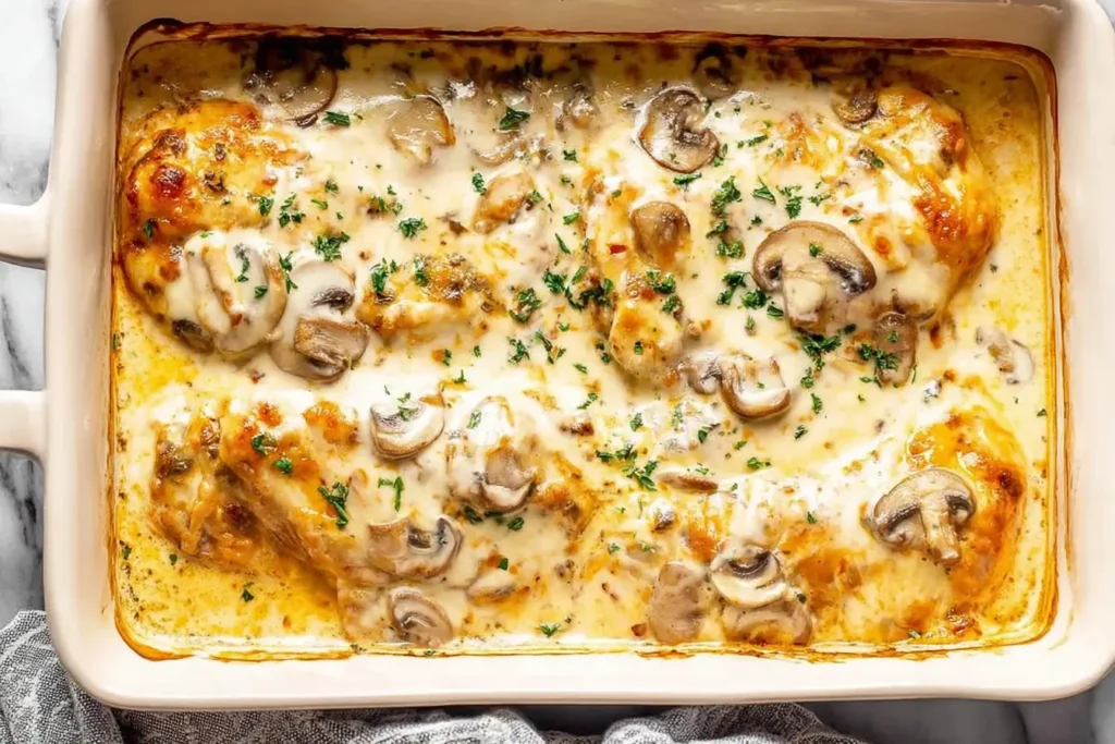 Creamy Chicken Gloria casserole with mushrooms and melted cheese in a baking dish