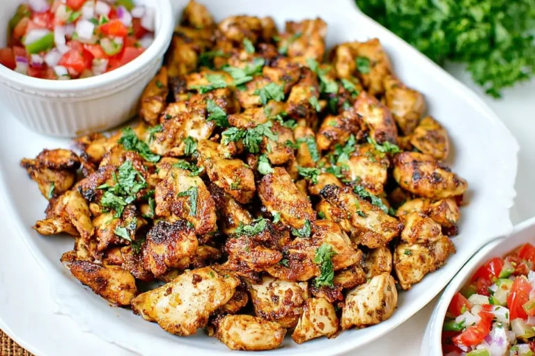 Keto Chipotle Chicken served on a white platter, garnished with fresh cilantro and paired with pico de gallo.