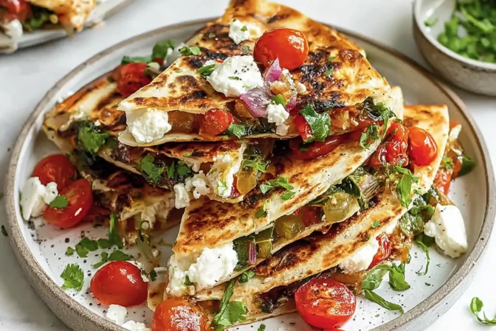 Mediterranean Quesadillas stacked on a plate, filled with spinach, feta, mozzarella, red onion, and juicy tomatoes, garnished with fresh herbs.