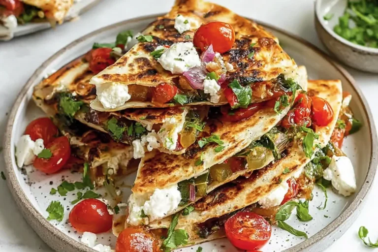 Mediterranean Quesadillas stacked on a plate, filled with spinach, feta, mozzarella, red onion, and juicy tomatoes, garnished with fresh herbs.