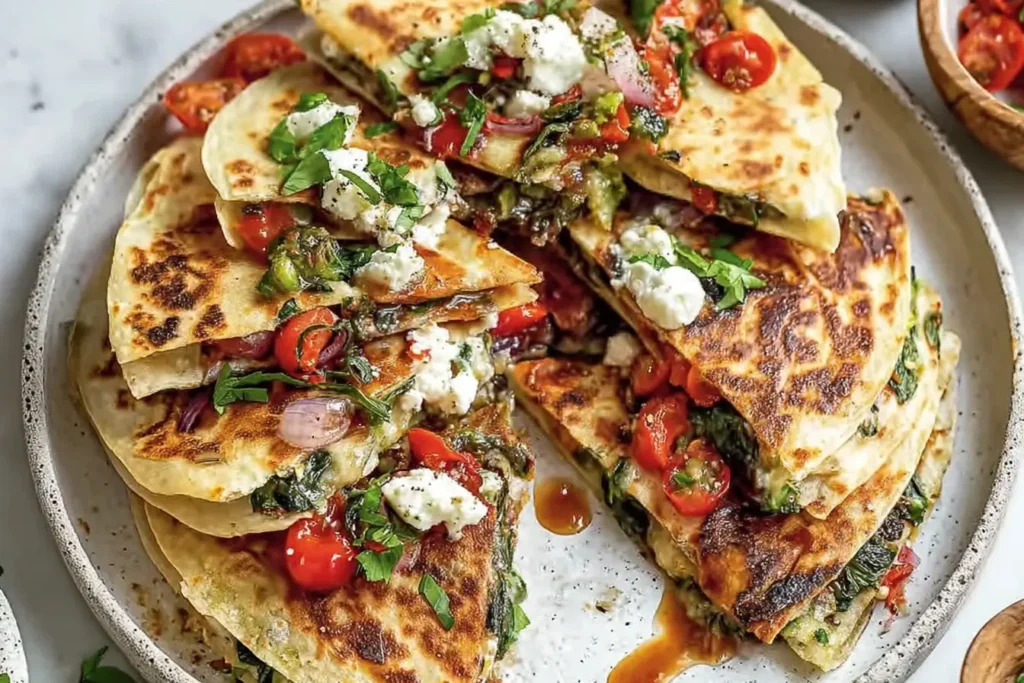 Mediterranean Quesadillas filled with spinach, feta, mozzarella, red onion, and tomatoes, sliced on a plate, vibrant and golden brown.