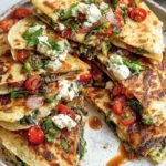 Mediterranean Quesadillas filled with spinach, feta, mozzarella, red onion, and tomatoes, sliced on a plate, vibrant and golden brown.