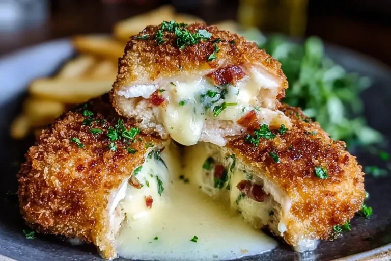 Crispy Easy Chicken Kiev cut open with garlic herb butter melting out, served with fries and greens