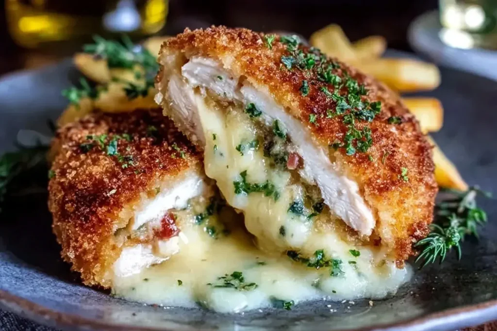 Golden crispy Easy Chicken Kiev cut open with garlic herb butter oozing out on a plate.