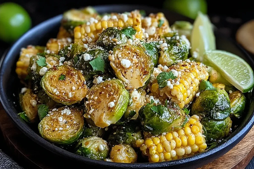 Mexican Street Corn Brussels Sprouts served with roasted corn, cotija cheese, fresh cilantro, and lime wedges in a dark bowl.