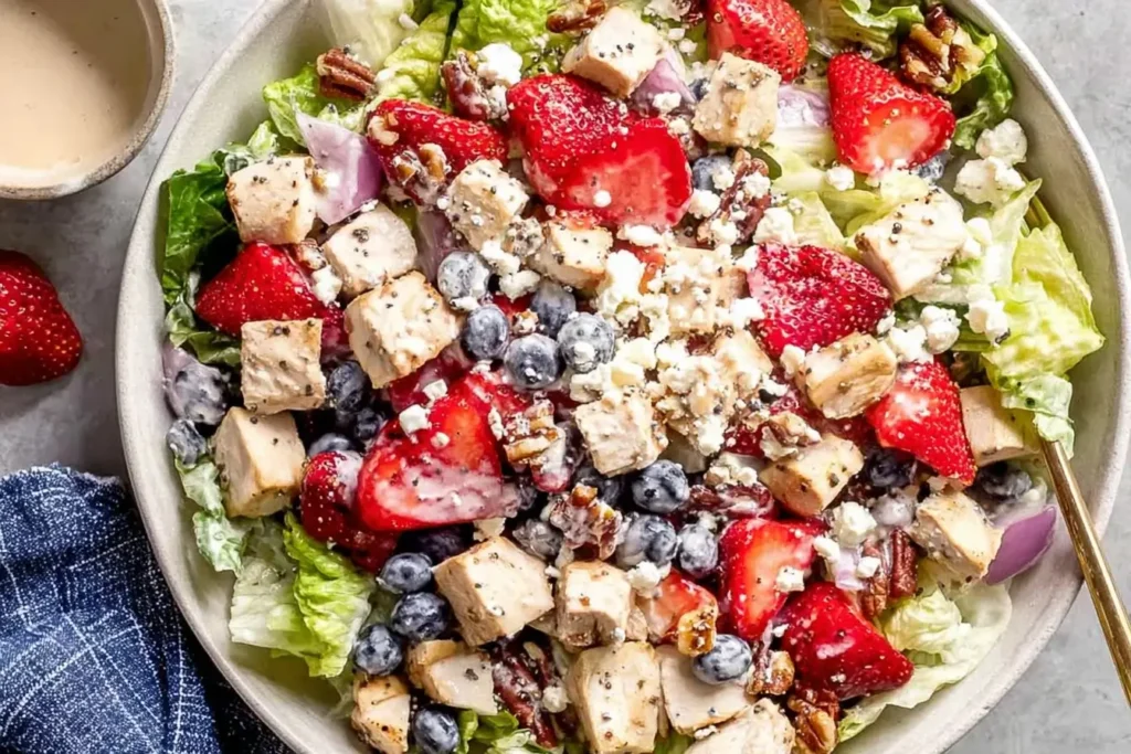 Strawberry Poppyseed Chicken Salad featuring chunks of chicken, strawberries, blueberries, pecans, feta, and creamy poppyseed dressing on romaine lettuce.