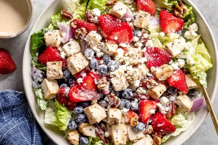 Strawberry Poppyseed Chicken Salad featuring chunks of chicken, strawberries, blueberries, pecans, feta, and creamy poppyseed dressing on romaine lettuce.