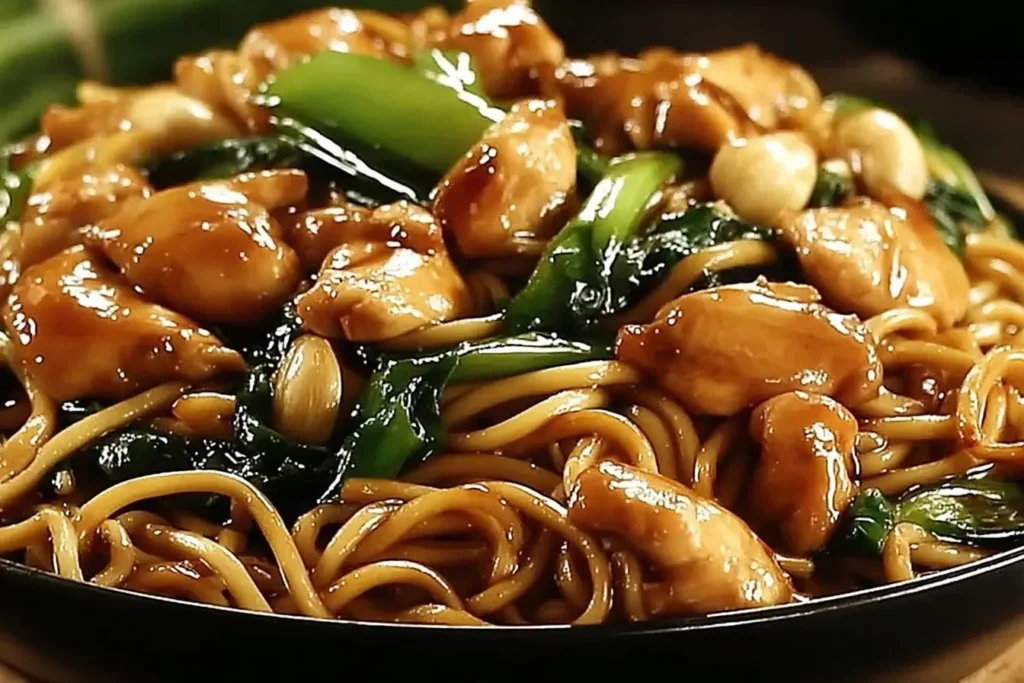 Garlic Chicken Lo Mein with juicy chicken, fresh vegetables, and noodles in savory garlic sauce