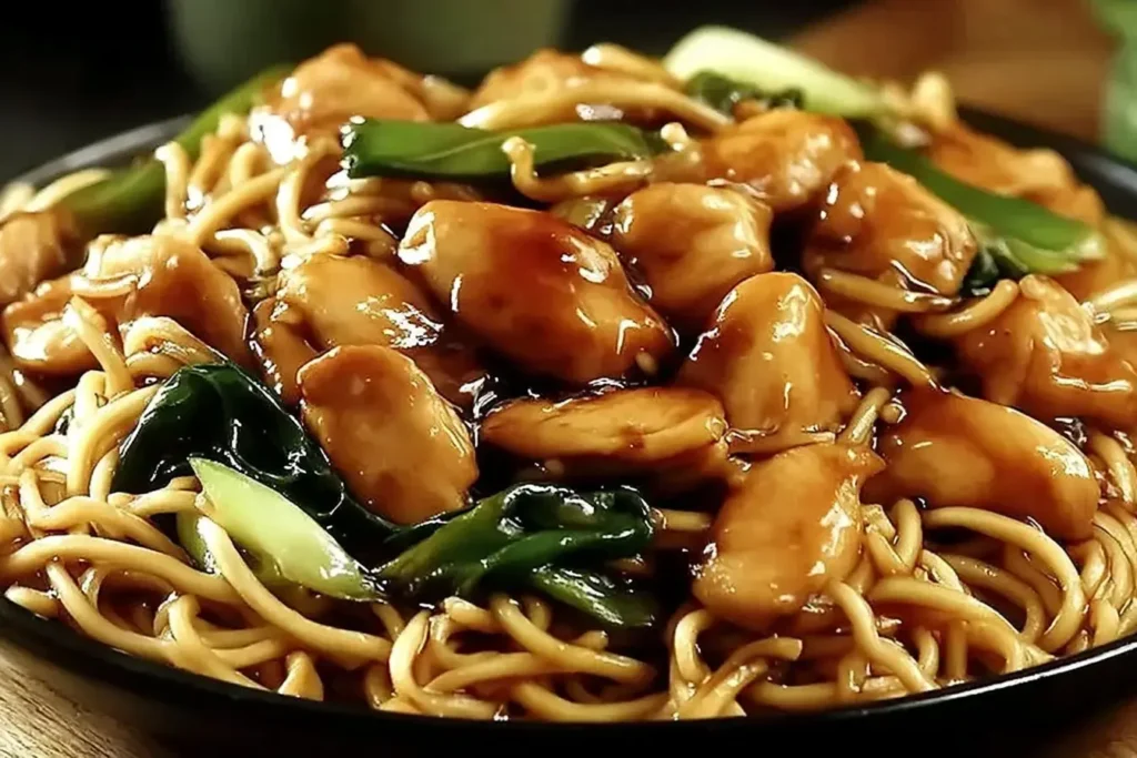 Garlic Chicken Lo Mein featuring glossy chicken pieces, crisp green vegetables, and tender noodles in savory sauce
