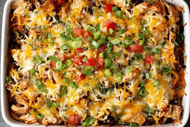 Healthy Chicken Taco Casserole topped with melted cheese, tomatoes, and green onions in a white baking dish.