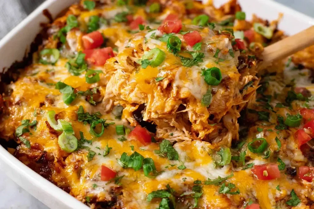 Healthy Chicken Taco Casserole being scooped from a baking dish, showing melty cheese, shredded chicken, tomatoes, and green onions.