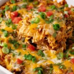 Healthy Chicken Taco Casserole being scooped from a baking dish, showing melty cheese, shredded chicken, tomatoes, and green onions.