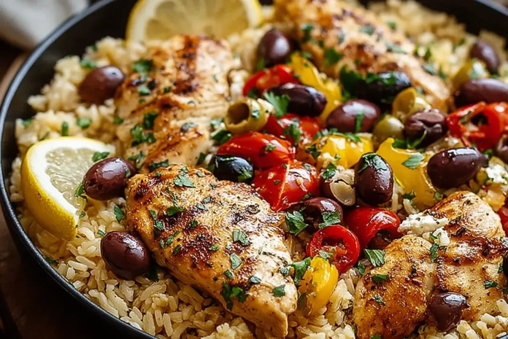 Mediterranean Chicken and Rice Bowl with grilled chicken, olives, bell peppers, and lemon slices over fluffy rice