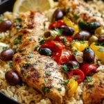 Mediterranean Chicken and Rice Bowl with grilled chicken, olives, bell peppers, and lemon slices over fluffy rice