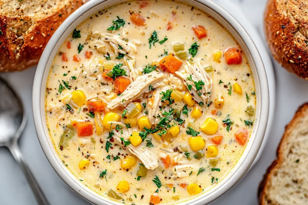 Bowl of Crockpot Chicken Corn Chowder featuring shredded chicken, corn, carrots, and fresh herbs, surrounded by crusty bread slices.