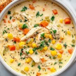 Bowl of Crockpot Chicken Corn Chowder featuring shredded chicken, corn, carrots, and fresh herbs, surrounded by crusty bread slices.