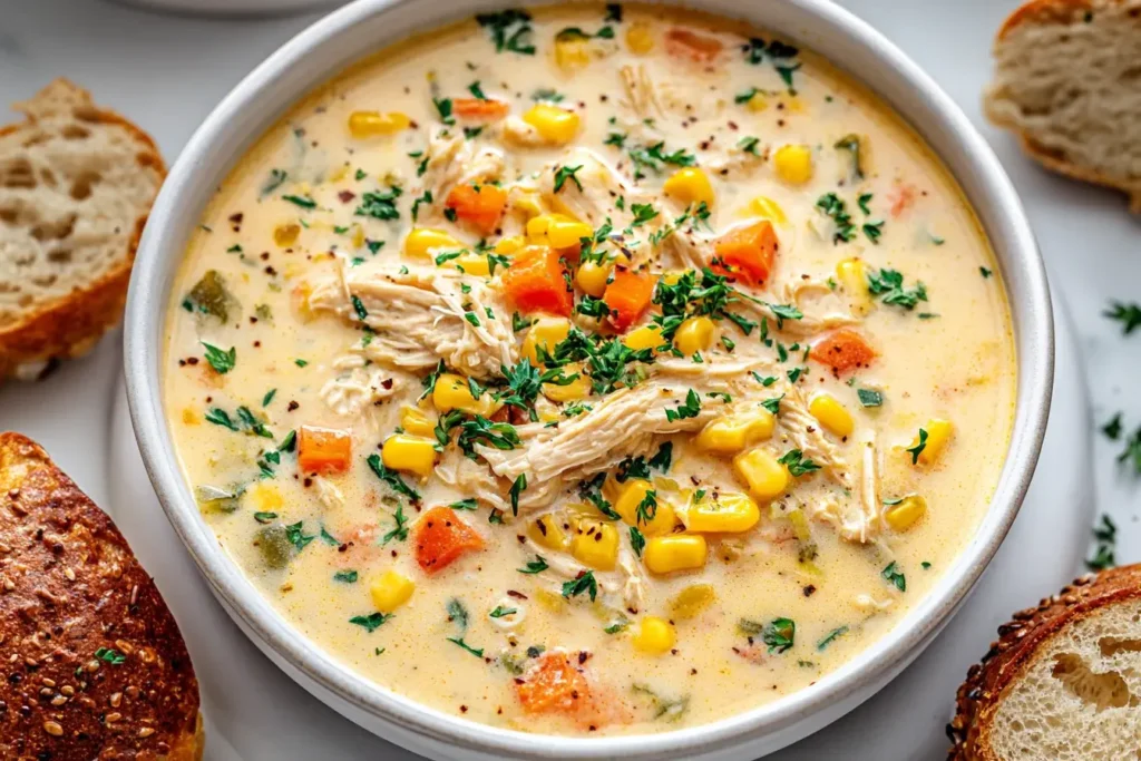Creamy bowl of Crockpot Chicken Corn Chowder with shredded chicken, corn, carrots, and fresh herbs, served with crusty bread.