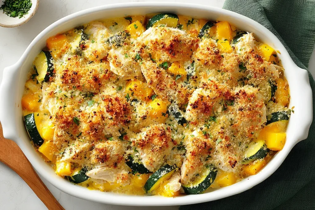 Quick Rotisserie Chicken Zucchini Casserole topped with golden breadcrumbs, featuring chunks of chicken, zucchini, and yellow peppers in a creamy sauce.